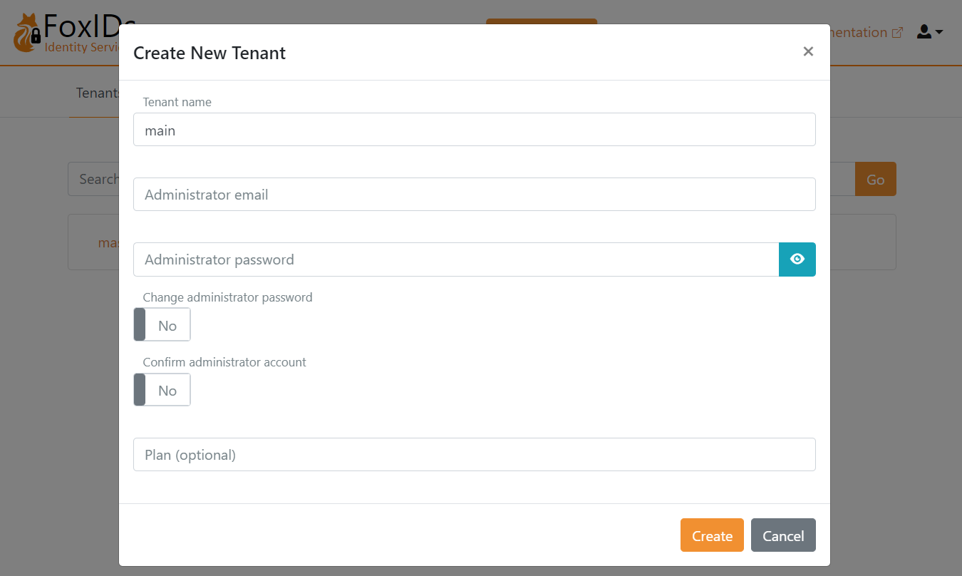 FoxIDs Control Client - main tenant