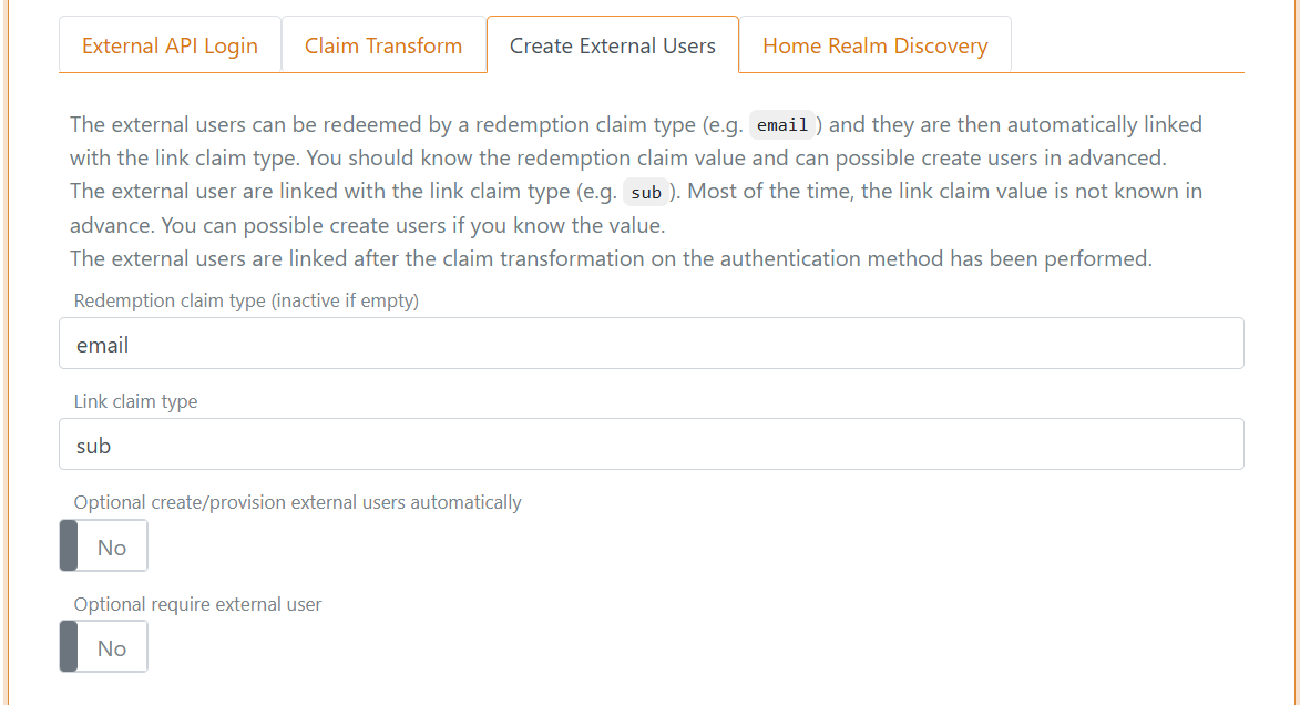 Authenticatiemethode, externe gebruiker redemption