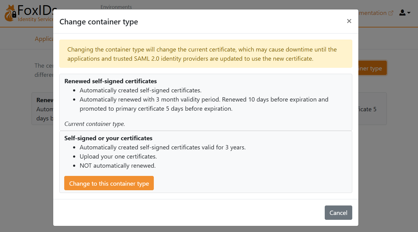 Change certificate container type in FoxIDs