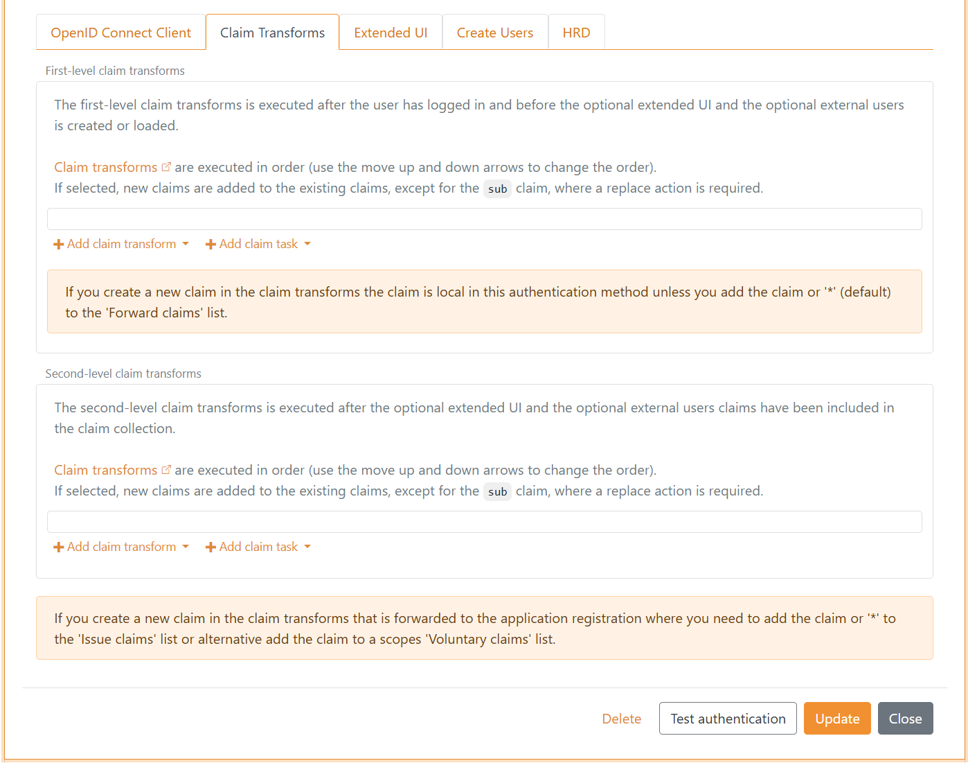FoxIDs application registration claim transform