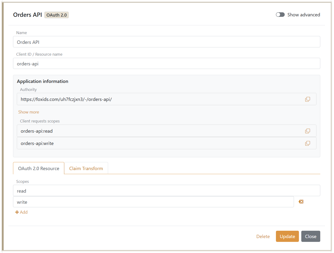 Konfigurera scopes på en separat OAuth 2.0 API-resource