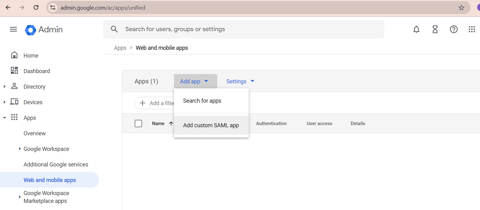 Google Workspace lägg till SAML app