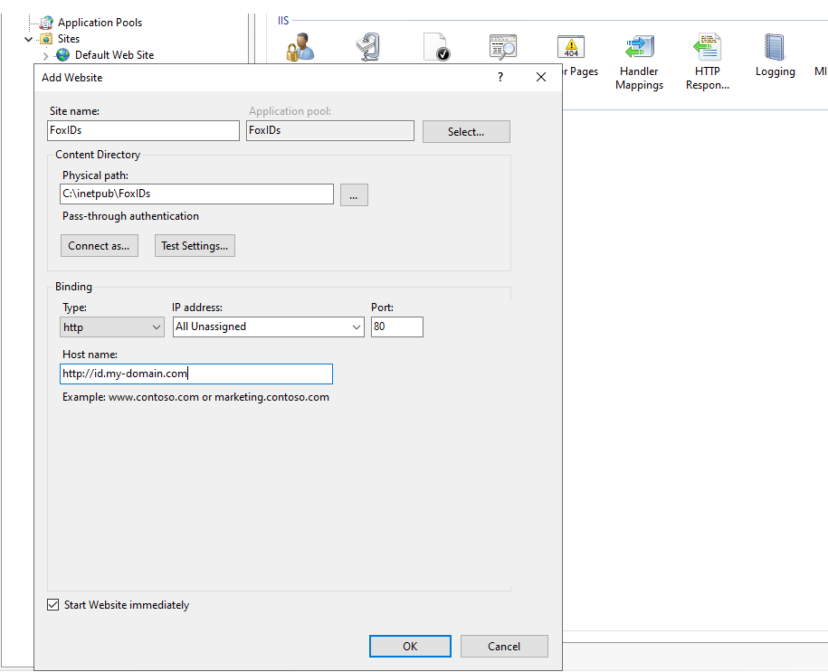 Windows Server med IIS - lägg till FoxIDs webbplats