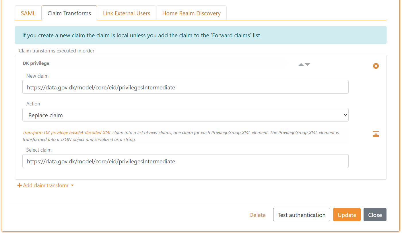 Context Handler SAML 2.0 autentiseringsmetod privilege claim transform